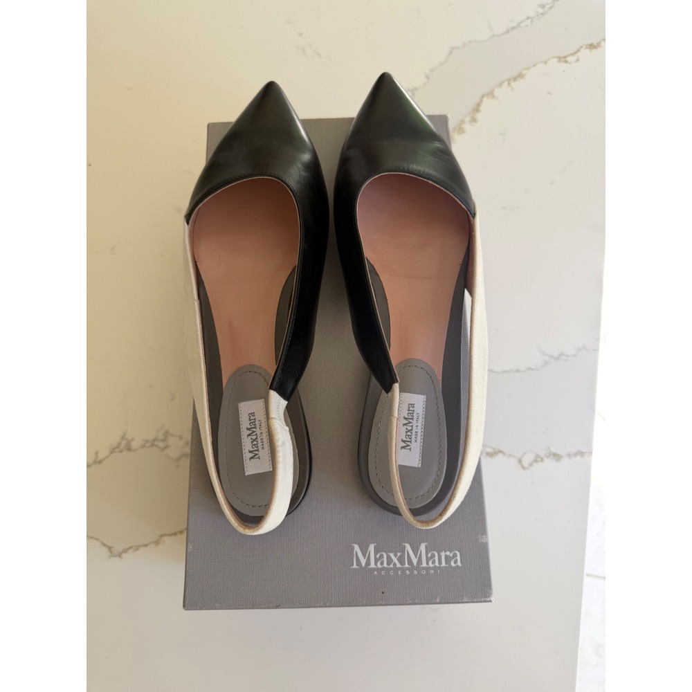 Max Mara Black Leather Two-Tone Pointed Toe Slingback Flats Made in Italy 39